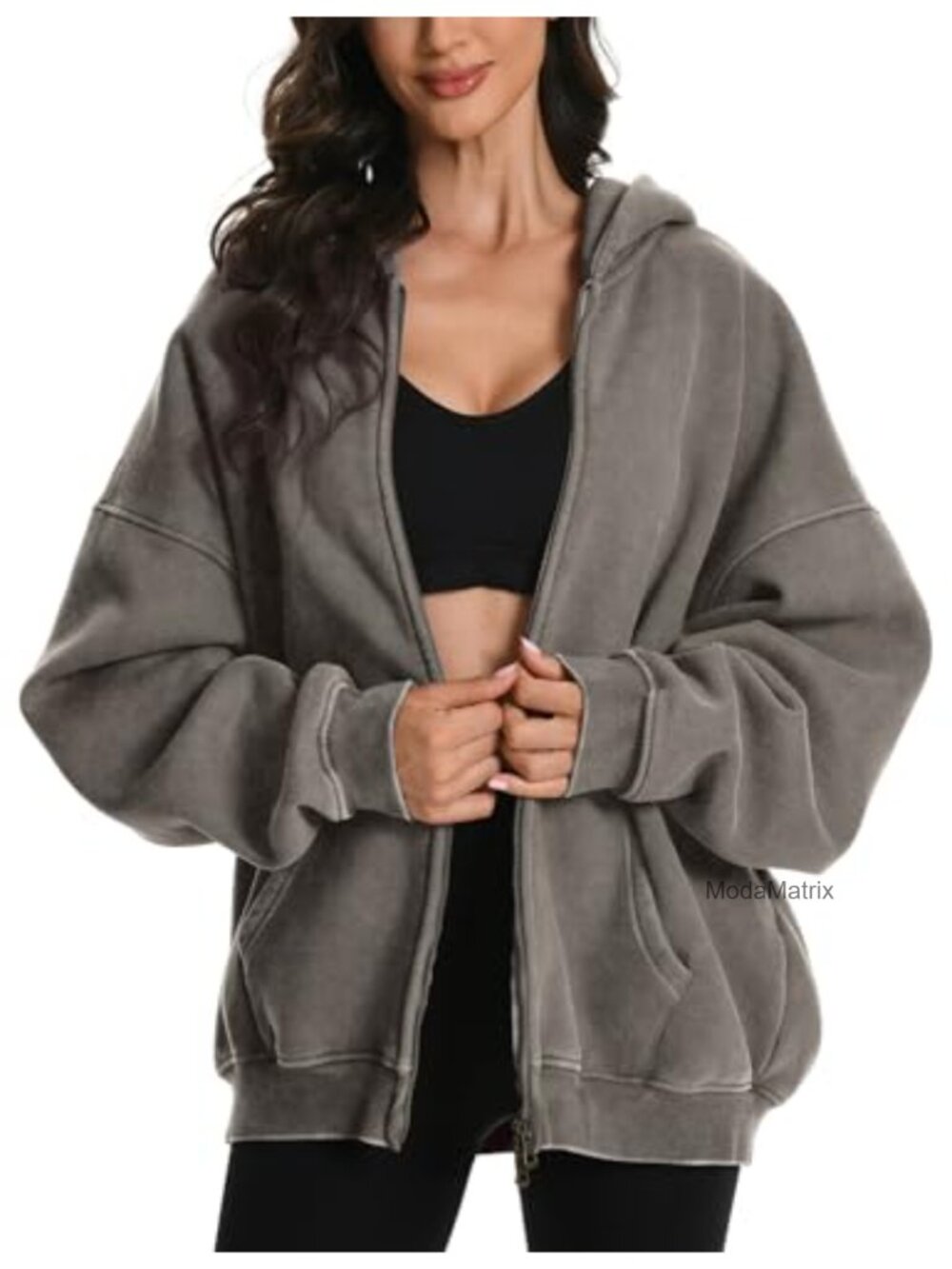 Oversized Acid Wash Zip Up Hoodie Heavyweight Cotton Fleece Vintage